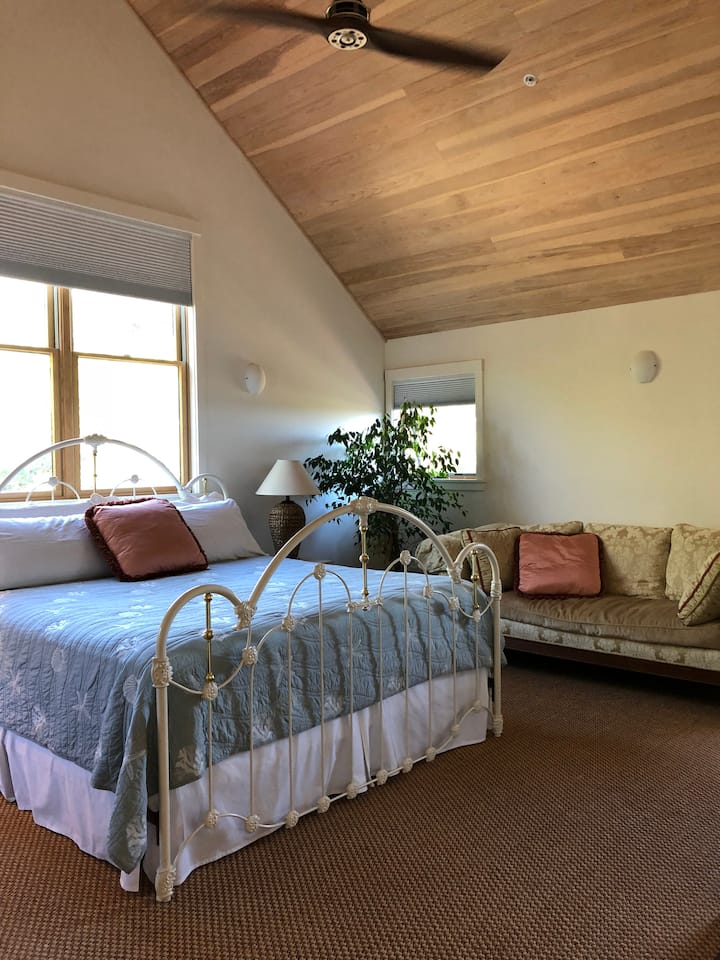 Master bedroom with a king size bed and attached half bath