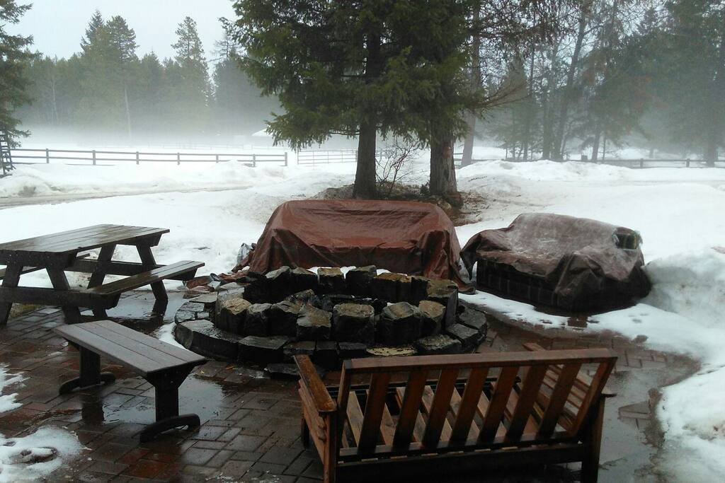 Fireplace area with great seating, not best time of year for pictures but still a great setting.