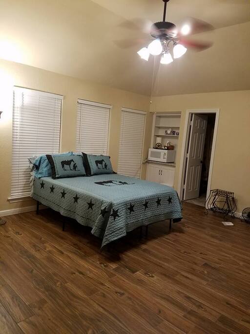 Queen Bed, Snack center, door to private bathroom. Shower, sink, toilet