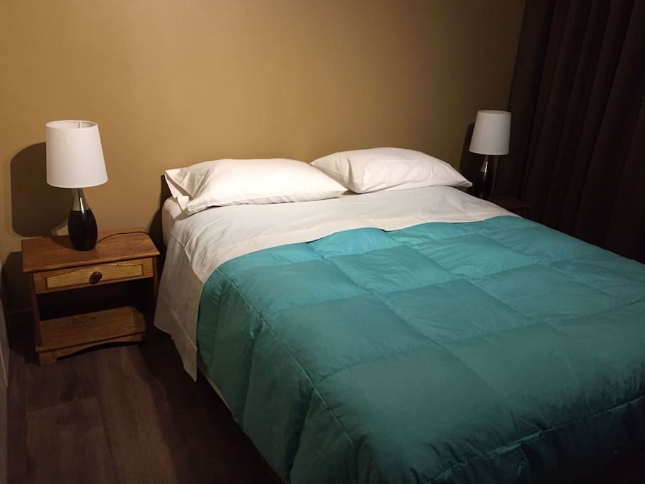 Espacioso dormitorio principal que cuenta con una cama tamaño matrimonial, dos veladores, dos luces de mesa, TV y amplio clóset. Cuenta con ventanas grandes con una fantástica vista.