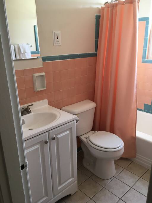 Very clean bathroom with a shower and tub.. Hand soap, bath soap and shampoo are provided.
Along with the Bath & hand towels and wash cloths