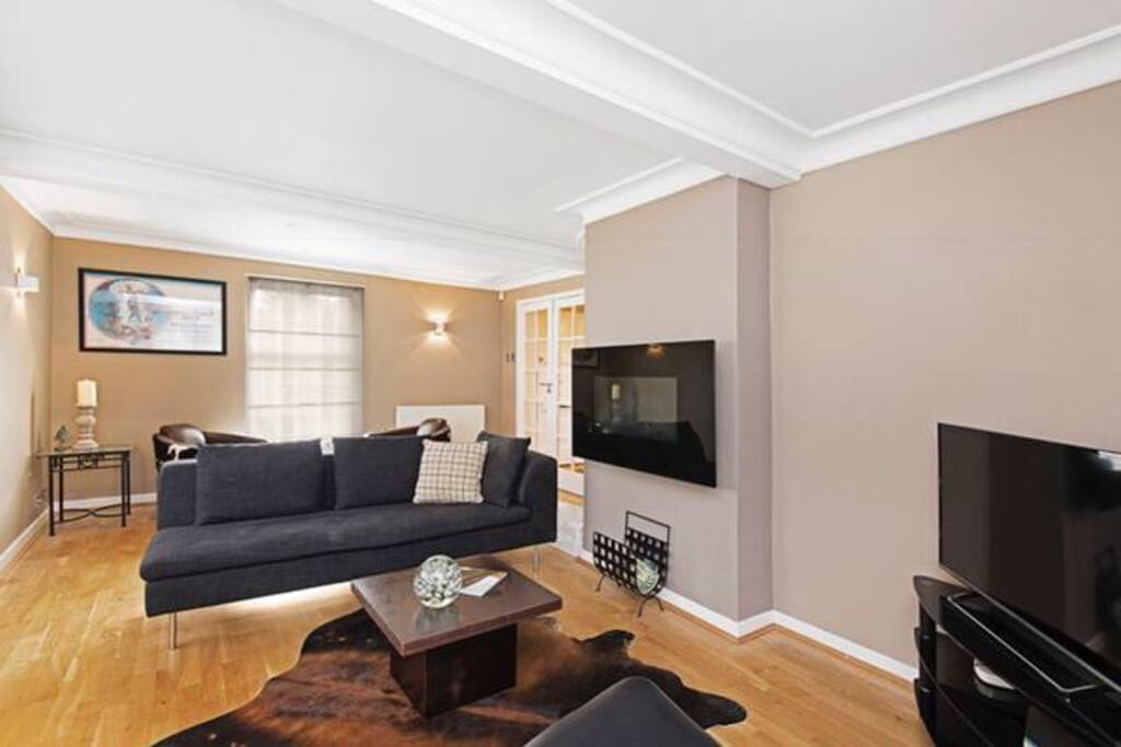 Luxury furnishings & cow skin in the sitting room with smart TV