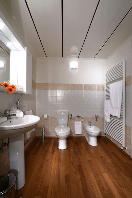 Vista del bagno con pavimento in legno , fon , saponi liquidi