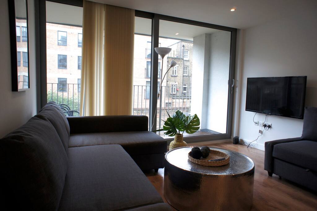 Here's the Living Room with Two Double Sofa-Beds and Private Balcony