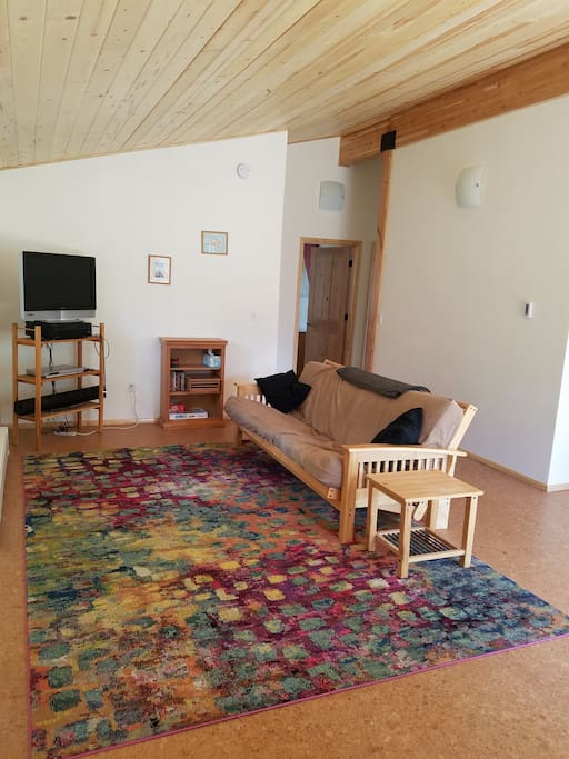 Common space with TV, DVD player, receiver and futon