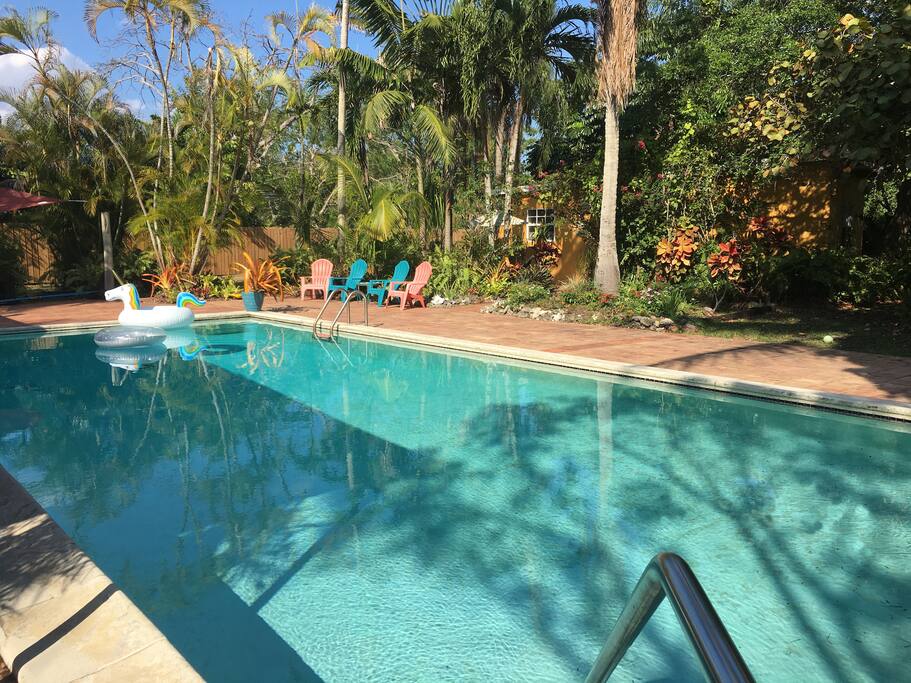 The view across the pool to the cottage.