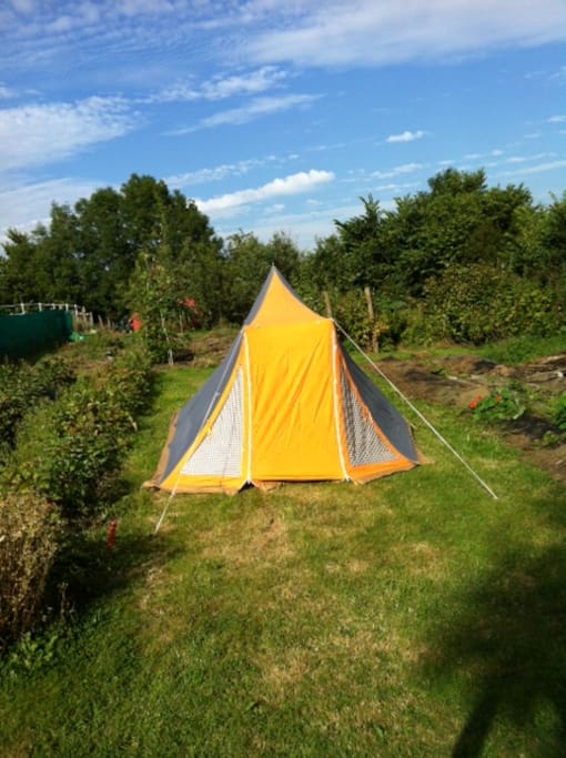Garden pitch, showing tent available for hire