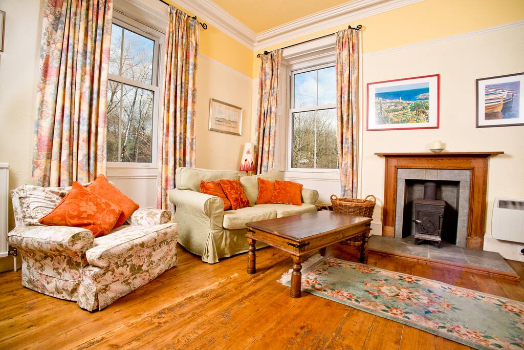 Bright and spacious living room with wood burning stove