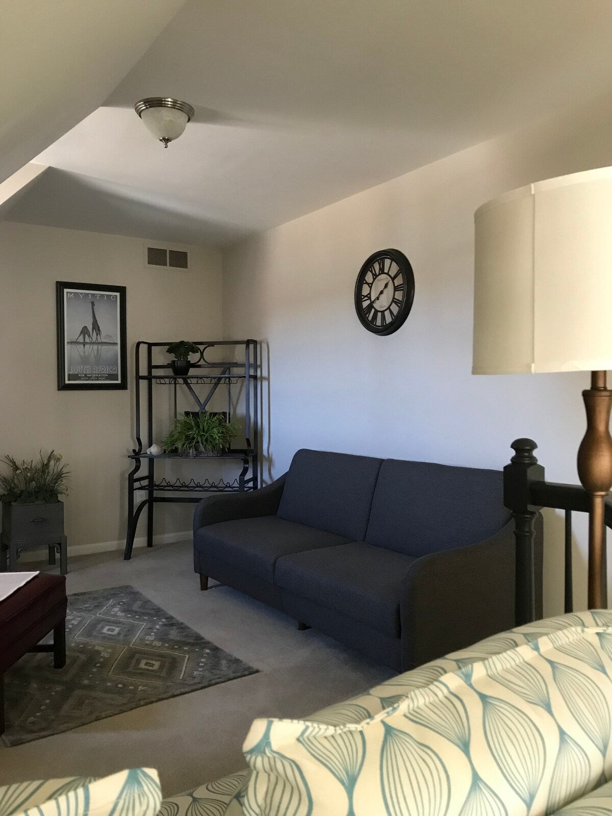 Дневен простор со футон со големина на брачен кревет (широк 150-179 см), HD телевизор. 