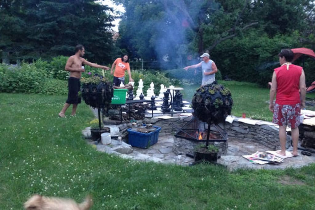 chess game and fire pit