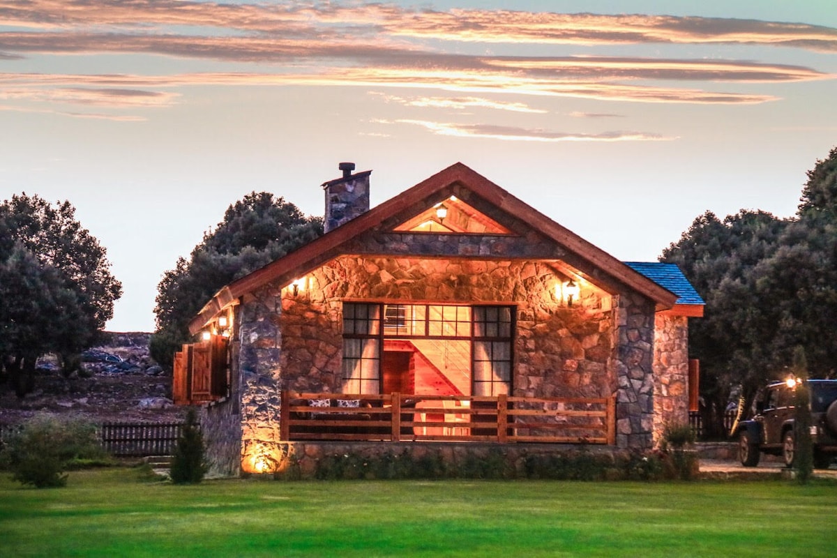 A charming chalet features a stone exterior and a wooden roof, framed by expansive windows. Warm, inviting lighting enhances the front porch area, which is bordered by lush green grass and trees, creating a serene outdoor environment.