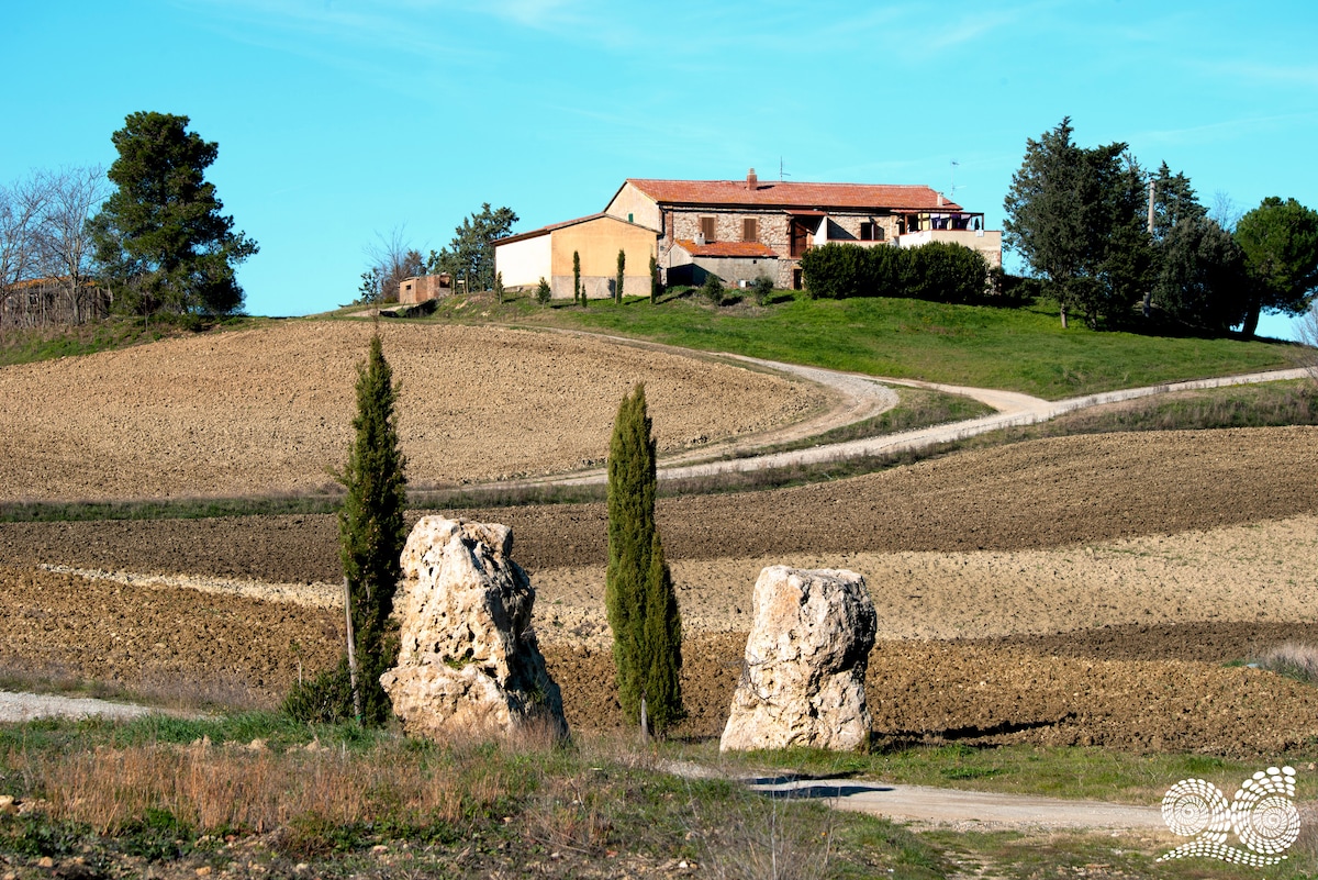 A rustic farmhouse is situated atop a gentle hill, surrounded by cultivated fields and tufts of greenery. The entrance is framed by two cypress trees, leading up a dirt path that winds through the tranquil landscape of the Tuscan countryside.