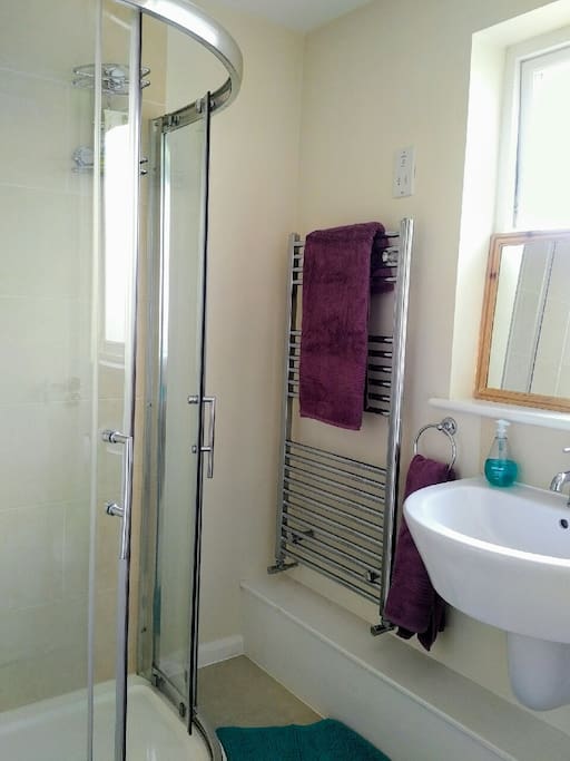 Your own bathroom with rainforest style, walk-in shower plus sink, toilet and heated towel rail.