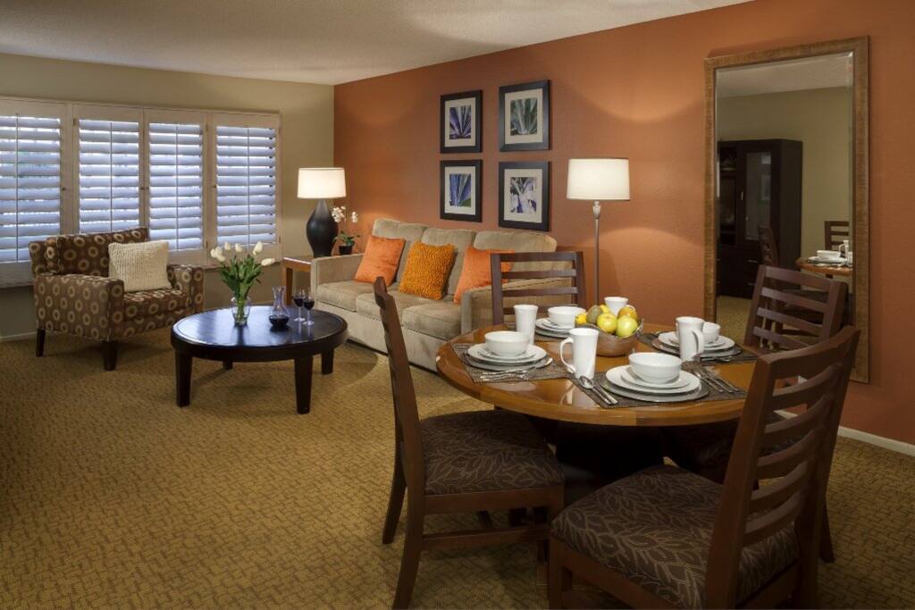 Dining and lounge area with pullout sofa bed