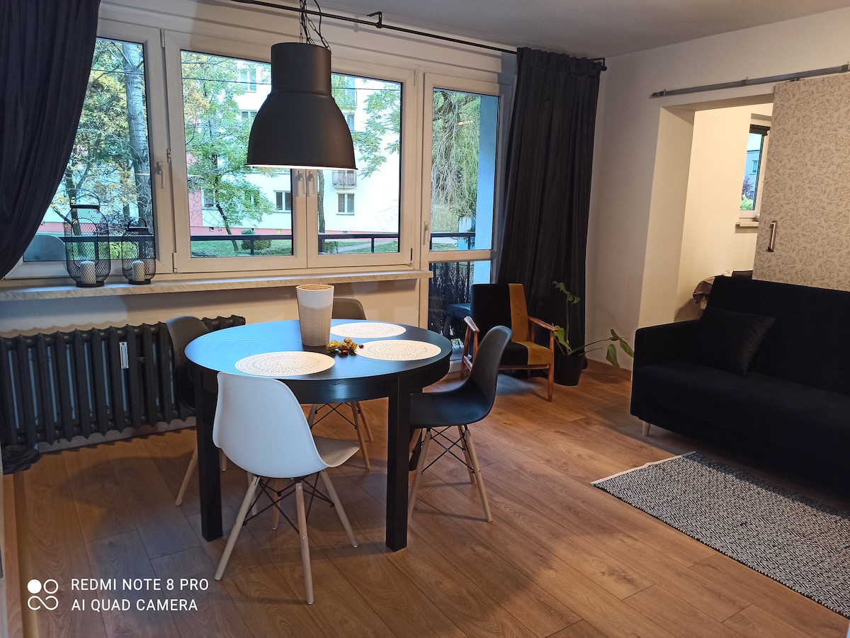 A dining area features a circular table surrounded by black and white chairs, positioned under a modern pendant light. Natural light filters through large windows, illuminating the warm wood floor and inviting atmosphere. A cozy sofa is visible in the adjacent living space.