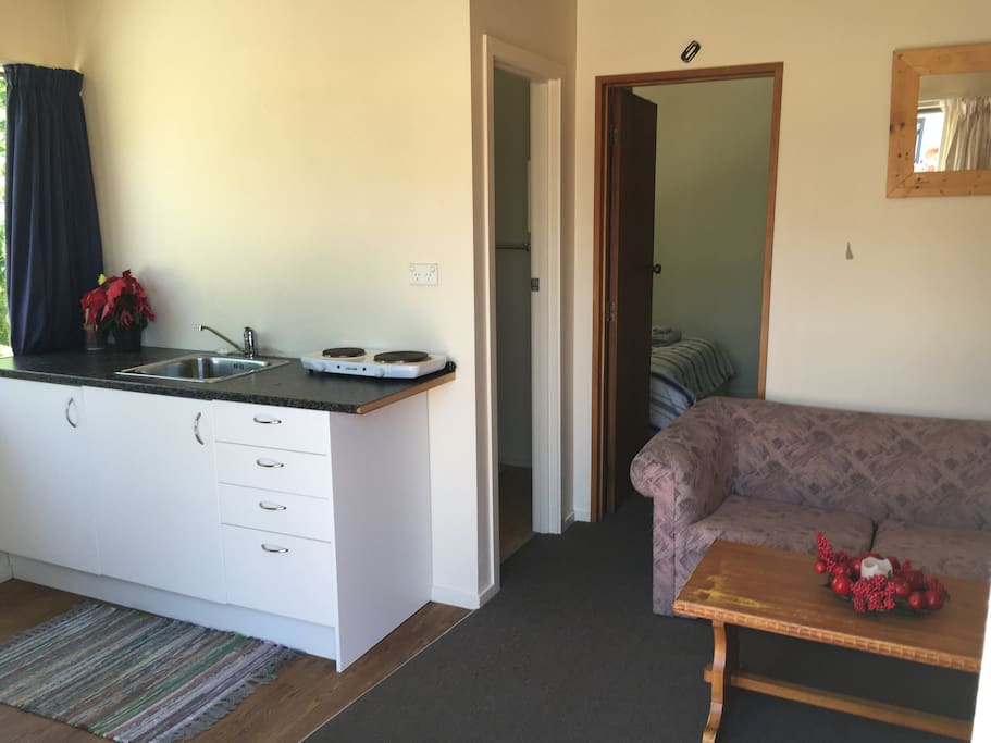 Small, open plan kitchenette and living space.