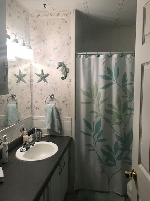 Full size bathroom for your private use. Towels, soap, shampoo, conditioner, toothpaste, toothbrushes,hair dryer, curling iron, shower cap (throw away), Q-tips, and other miscellaneous toiletry items provided.