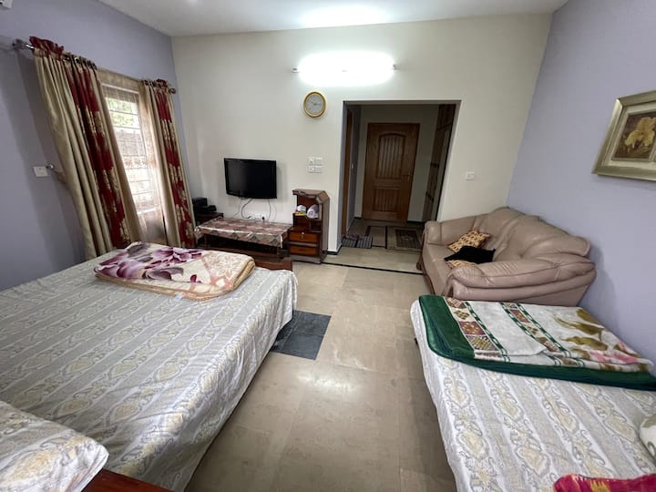 bedroom with 1 double bed, 1 single bed, 1 very comfortable sofa, Television, coffee table