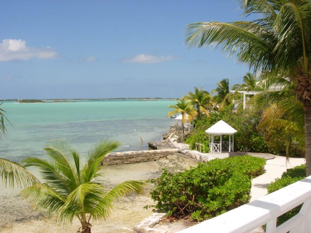 A view showcases turquoise waters gently lapping against a rocky shoreline, framed by palm trees and lush greenery. A charming gazebo is visible along the water's edge, providing a serene spot to enjoy the picturesque surroundings.