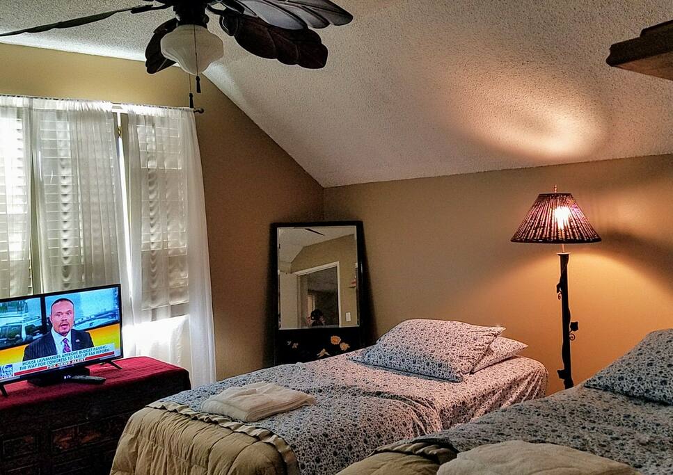 A bedroom with a day bed and pull out bed, both twin size.