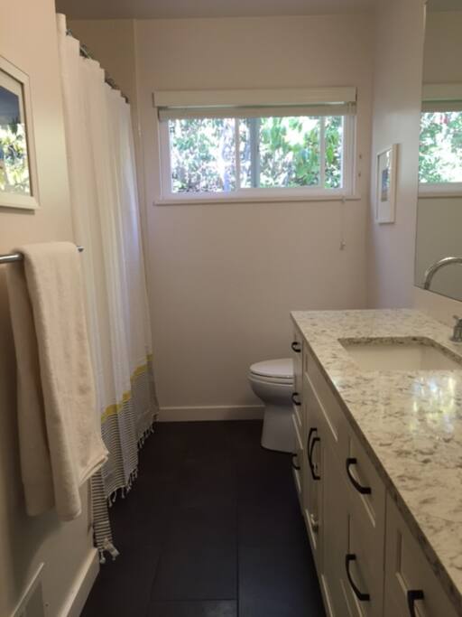 Remodeled bath with heated floors