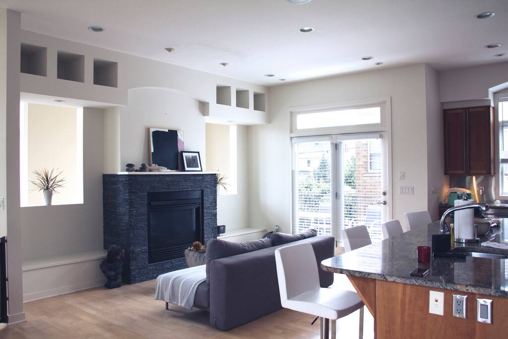 Fireplace and kitchen