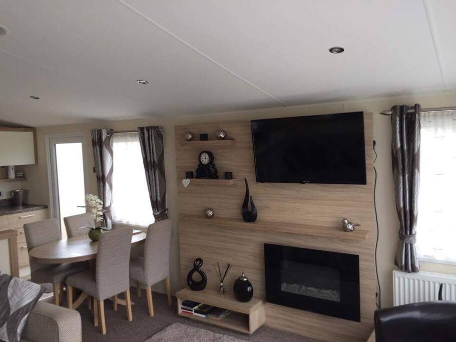 Fireplace and dining table