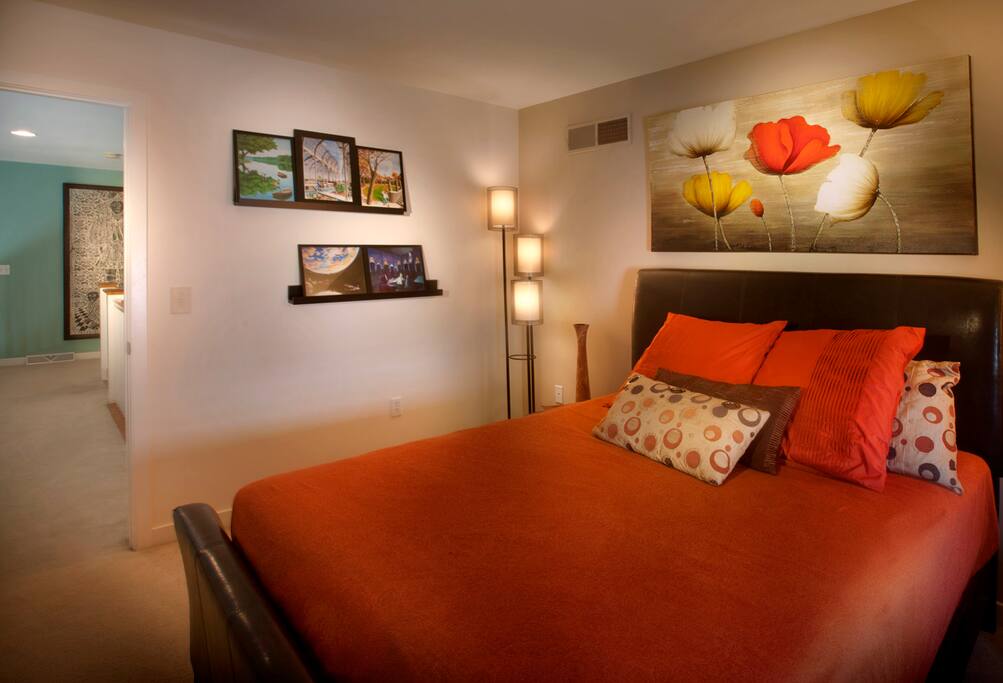 Orange and Tan Queen BR Lofted Hallway to Bath and Office Access
