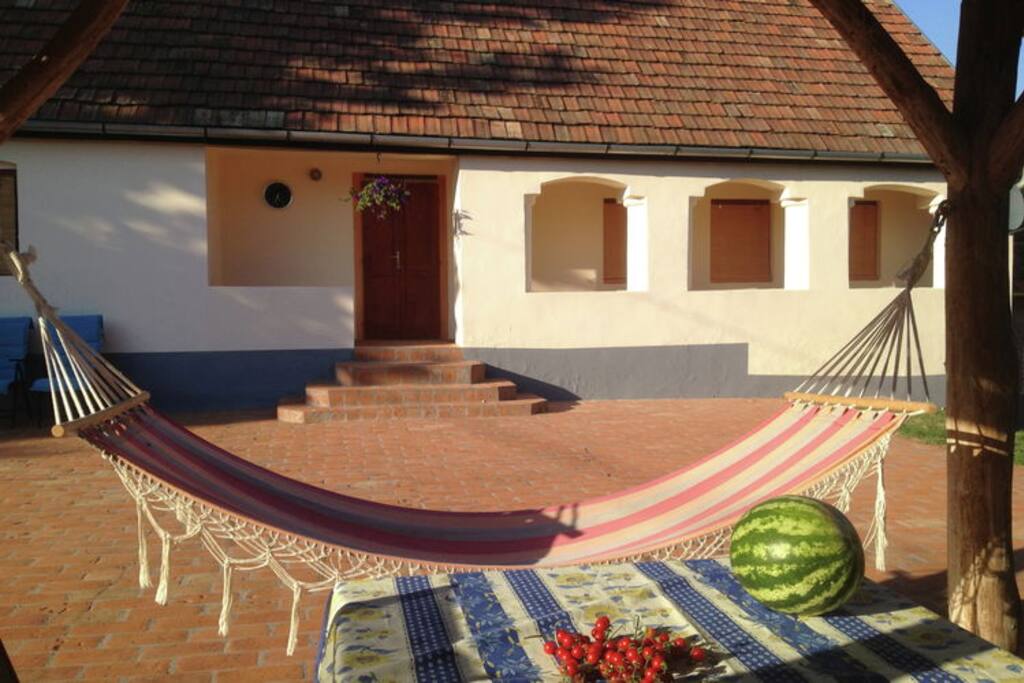 Voorhuis met groot terras en overkapping