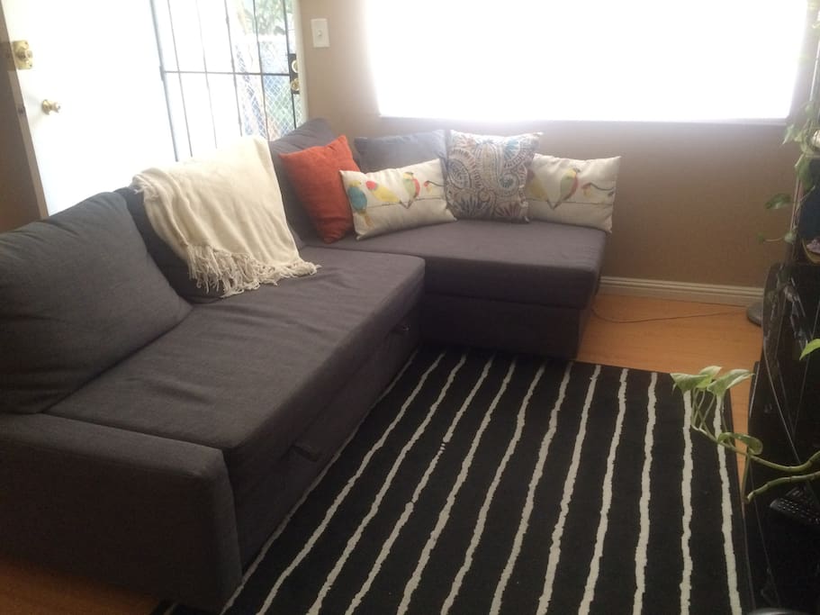 Living room sofa pulls out into a full bed (grab the loops and pull)