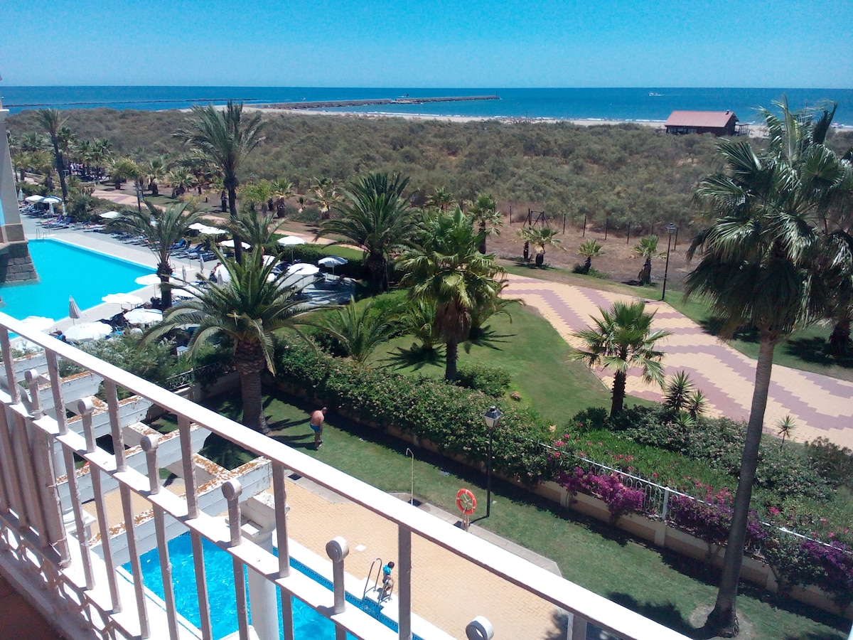 The image captures a view from a balcony overlooking a landscaped area adorned with palm trees. A swimming pool is situated below, with sun loungers arranged around it. The ocean stretches into the horizon, complemented by a clear blue sky.