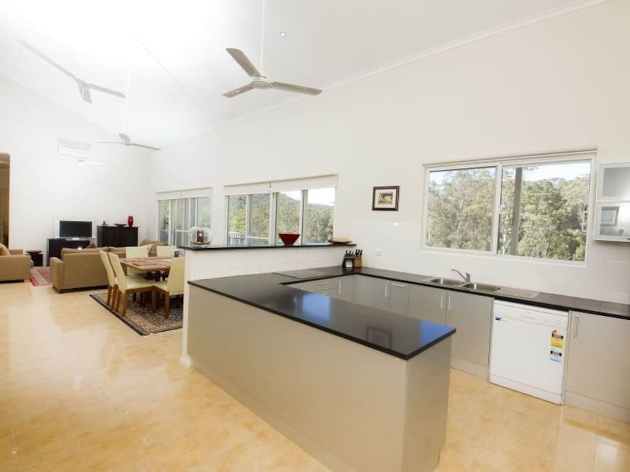 Open plan kitchen, dining and lounge.