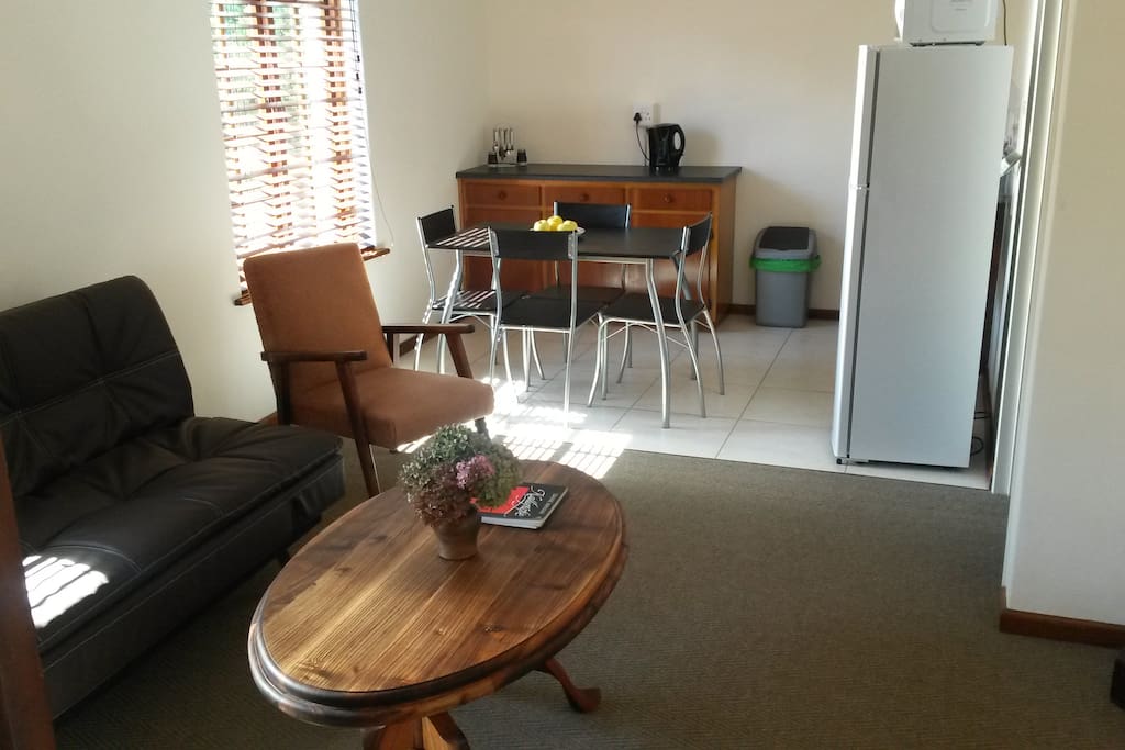 Cottage 1 open plan living room with double bed sleeper couch and kitchen
