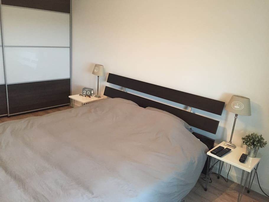 Bedroom with, TV, Google chromecast, and fresh airfan