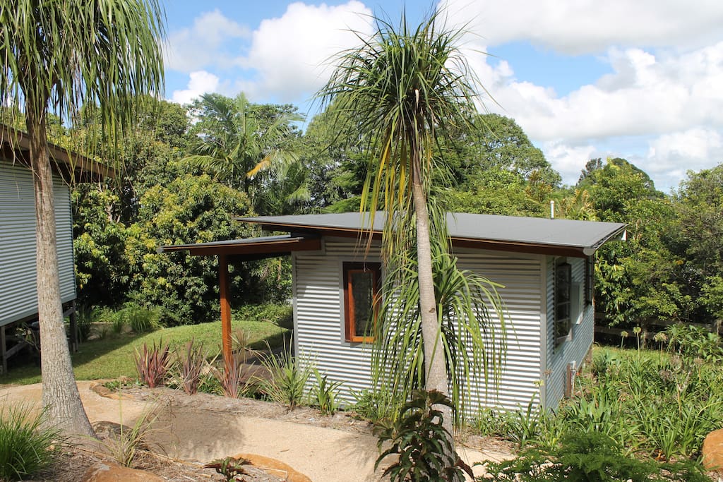 Cabin and palm trees and garden path