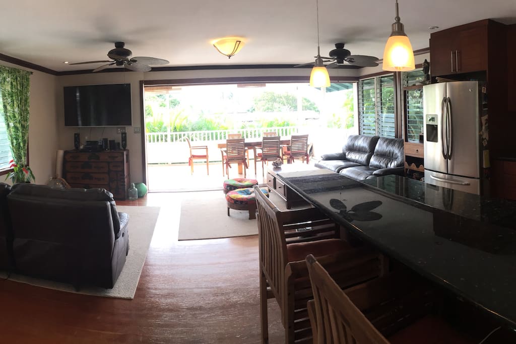 Fresh air and open living space overlooking Kaneohe Bay. Sliding doors can slide closed completely.
