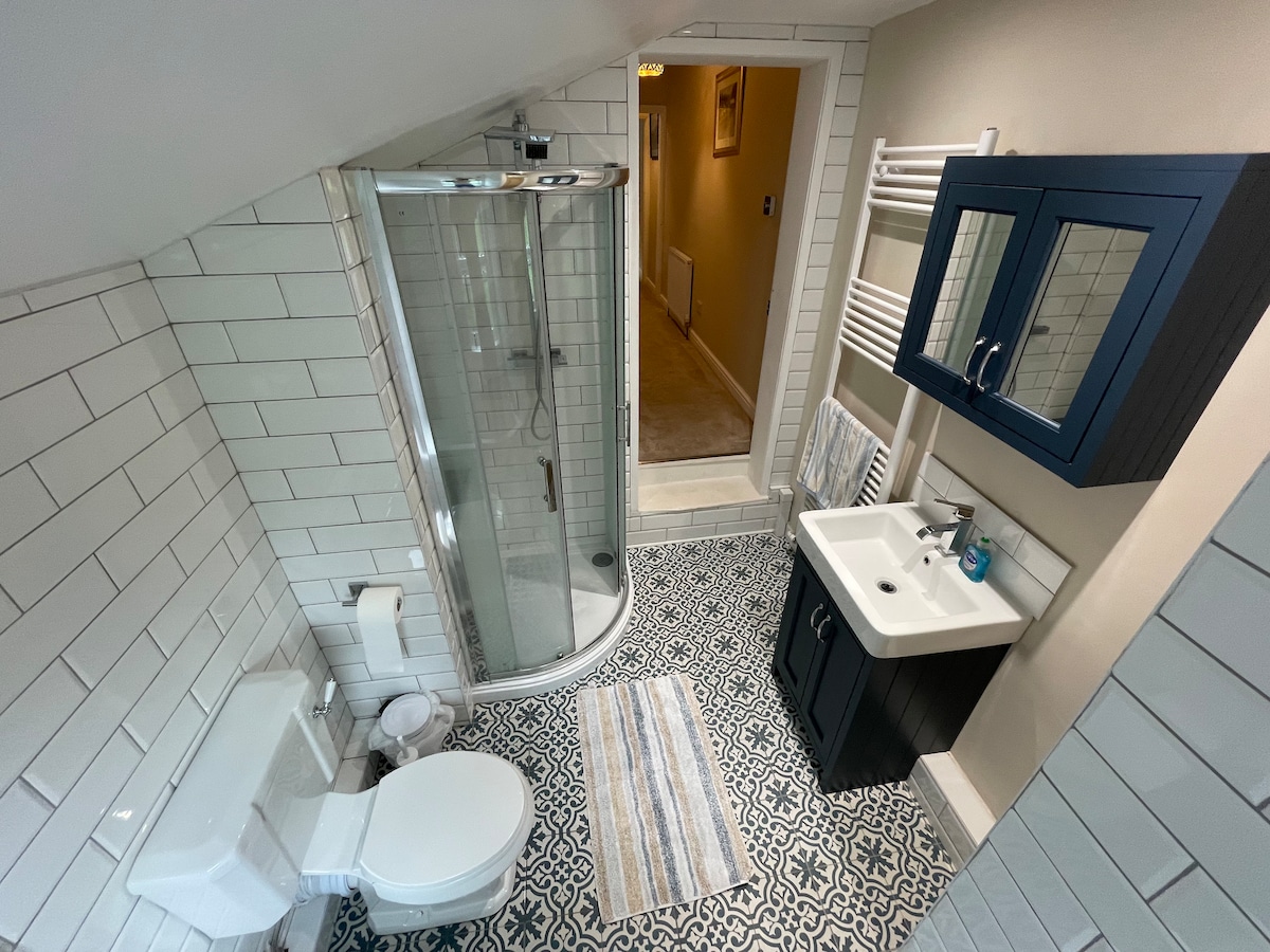 The bathroom features a walk-in shower with a glass enclosure and modern fixtures. A compact sink and toilet are positioned along the wall, complemented by navy cabinetry. The patterned tiles add visual interest, while soft natural light brightens the space.