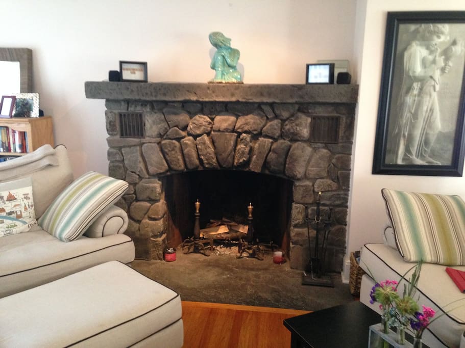 Living Room with stone fireplace