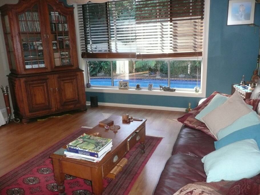 Living room overlooking pool