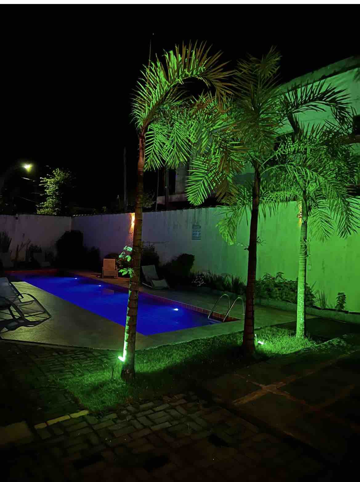 A well-lit swimming pool is surrounded by green palm trees, creating a serene evening ambiance. The pool's water is illuminated in shades of blue, contrasting with the vibrant green lighting along the perimeter. Nearby poolside furniture is visible, offering a comfortable space for relaxation.