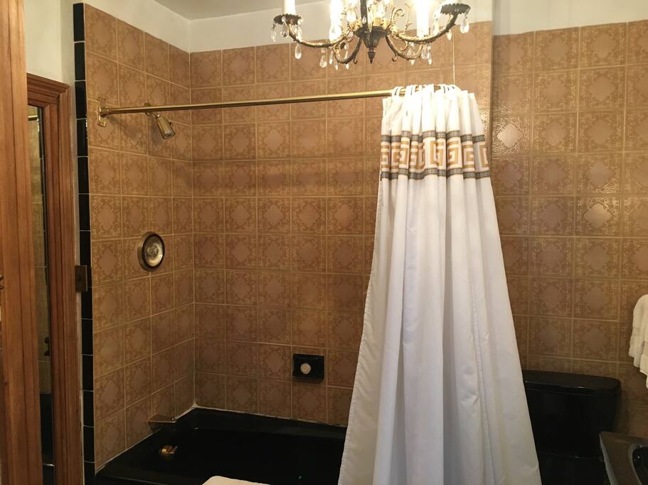 Bathtub with shower, in tiled bathroom
