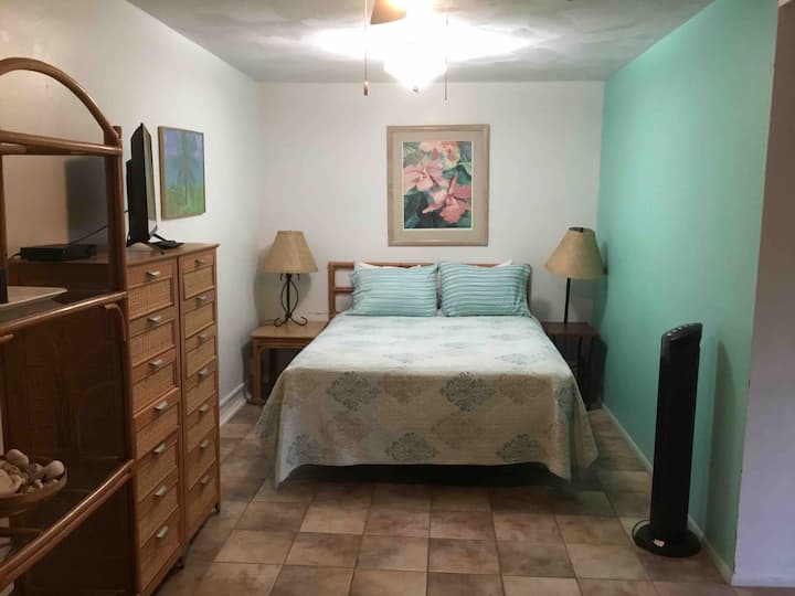 Studio në katin e poshtëm ka një krevat dopio, krevat dopio (nuk tregohet në këtë fotografi), televizor inteligjent dhe një mini kuzhinë (me mini frigorifer dhe mikrovalë) dhe një banjë private. Qasje e lehtë për ata që nuk u pëlqejnë shumë shkallët (kati përdhes, pa shkallë).