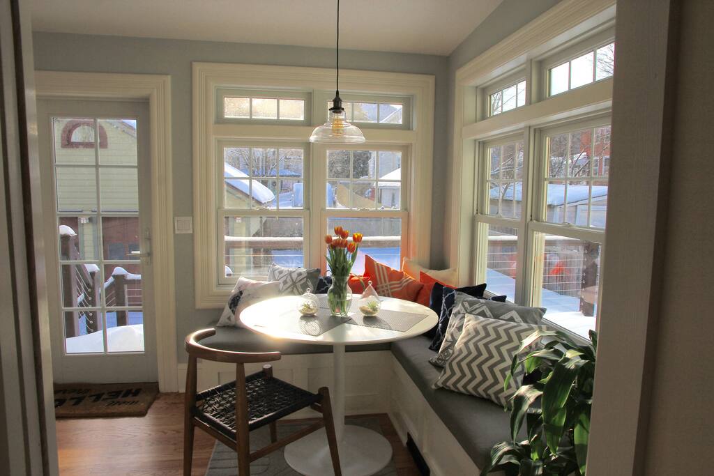Enjoy breakfast or lunch in our new cozy sunroom while relaxing to the view of our peaceful backyard.