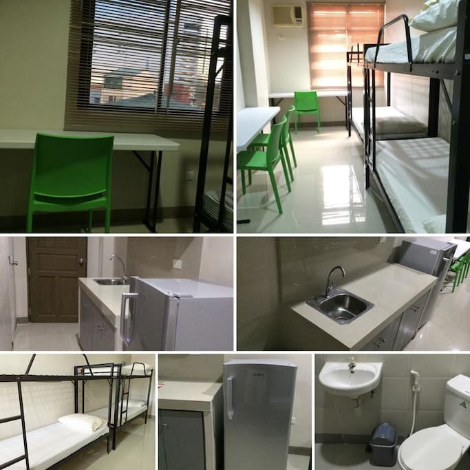 Semi-furnished studio unit with two double-deck beds, study table and chairs, air-conditioner and refrigerator.