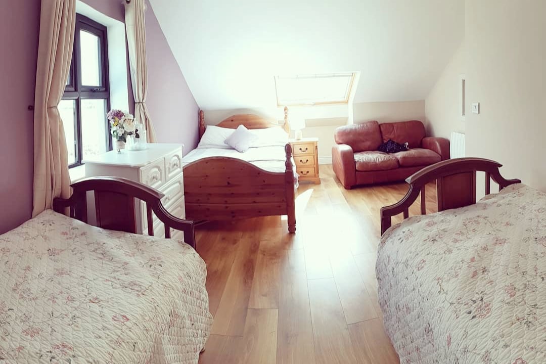 Arriba es de nuevo muy espacioso con una cama doble, dos camas individuales y dos plazas. Hay una gran ventana en la azotea con vistas a las montañas de Ballyhoura.