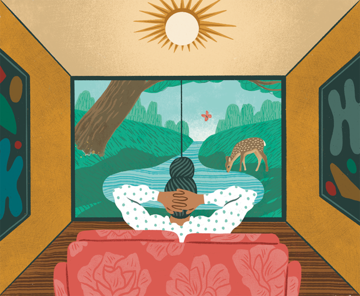 Illustration of a person sitting on a couch looking our a window.