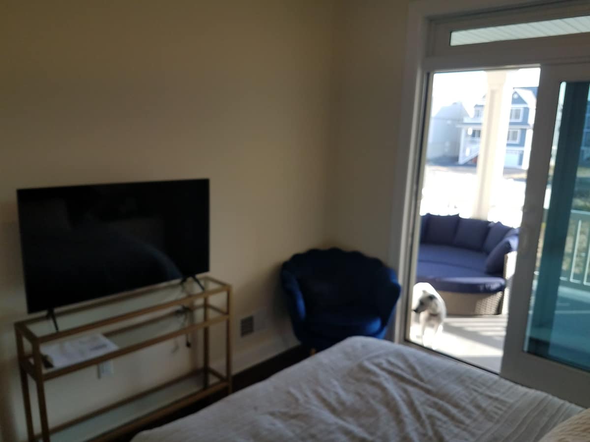 The Allison bedroom with 43 inch flat screen TV with Firestick. Looking out to shared deck with the Lauren bedroom.