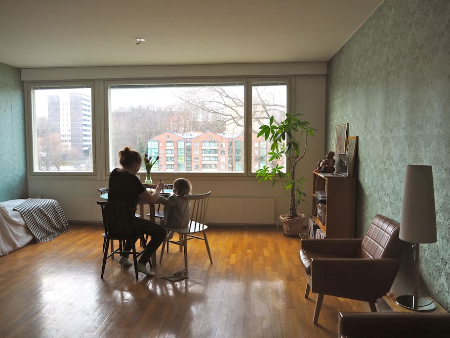 In the livingroom there's 4 chairs and a table which you can use for eating breakfast or to make it a workplace