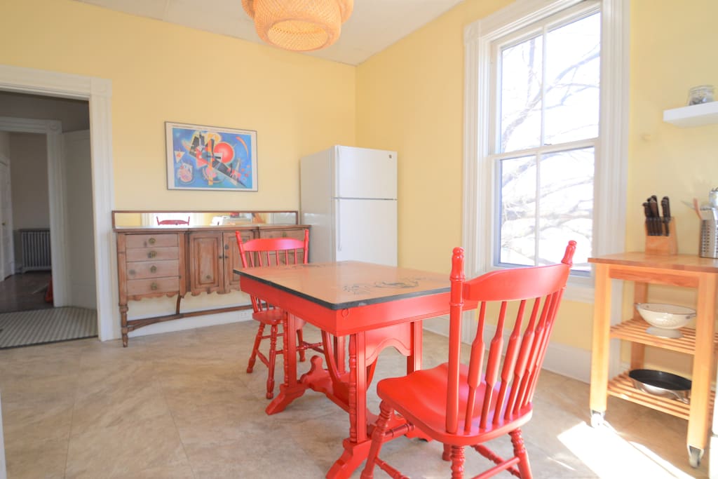 The spacious kitchen as a full size fridge and gas stove and everything you need to cook at home.