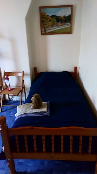Single bed complete with towels and cuddly towy